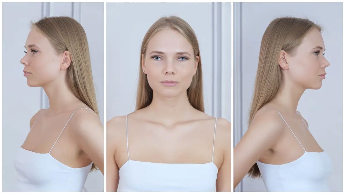 Blonde female model with a natural look in profile and front view