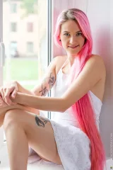 Pink hair girl Adele naked at the window Preview picture 3
